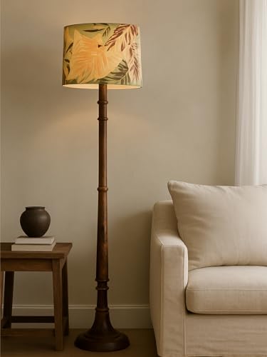 Image of Rustic Wood Floor Lamp for Living Room Walnut Brown with Multicolor Fabric Lamp Shade | Light Decoration for Home Side Lamp for Living Room | Antique Floor Light, (Candlestick Palm Leaf)