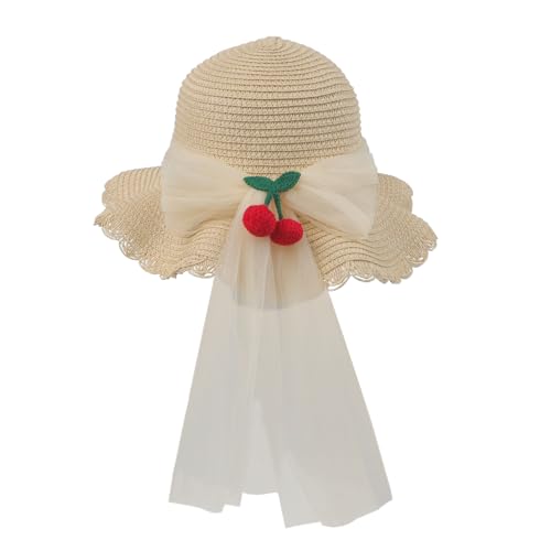 Girls Sweet Cherry Lace Bowknot Sun Hat Summer Sunblock Straw Hat Wide Brim Floppy Outdoor Beach Sun Protection Hat3