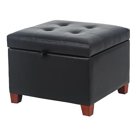 Asense 17 Inch Square Storage Ottoman,Small Foot Rest Stool for Couch, Faux Leather Upholstered Footstool Cube for Entryway Bedroom Living Room, Black Cover