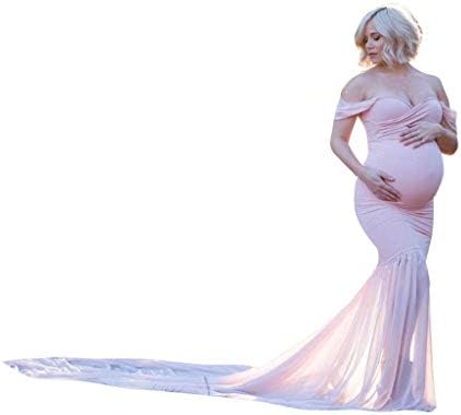 Maternity Off Shoulder Chiffon Gown Long Maxi Photography Dress for Photo Shoot Photo Props Dress (Pink, Free Size)