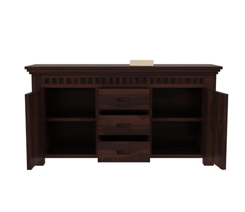 Image of Credenza Solid Sheesham Wood Sideboard Cabinet with 3 Drawers & 2 Doors | Wooden Buffet Storage Unit for Living Room, Kitchen & Home Office | Modern Solid Wood Cabinet | Walnut Finish