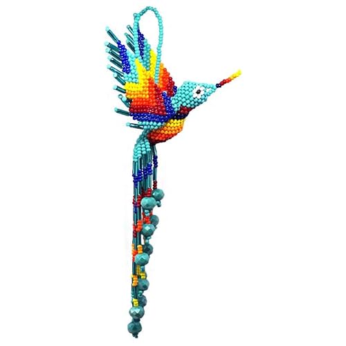 Spirit of Nature Handmade Beaded Hummingbird Ornament, Rear View Mirror Car Charm, Czech Glass Bird Hanging Decor, Crystal Suncatcher Ornament, Boho Home Decor Gift (Matte Turquoise & Rainbow)