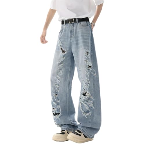 Men's Trendy American Style Ripped Denim, Loose Fit Wide Leg, Casual Summer Trousers