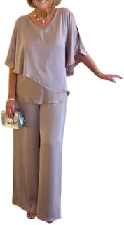 Womens Elegant Chiffon 2 Piece Outfits Half Sleeve V Neck Blouse Wide Leg Pants for Mother Wedding Guest Pant Suits