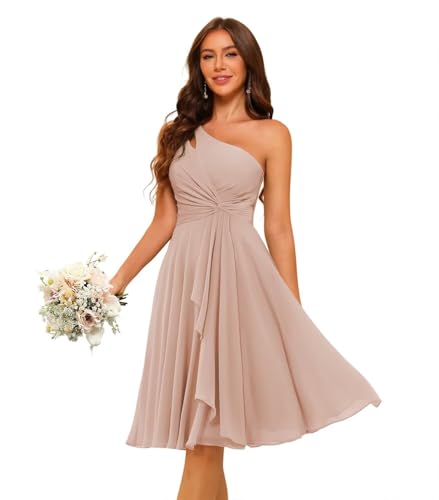 YMSHA Women's One Shoulder Short Bridesmaid Dresses A Line Chiffon Pleated Formal Party Dress YMS4294