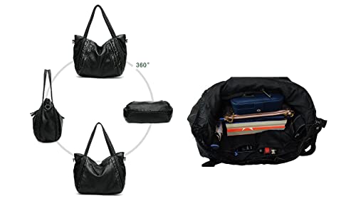 Extra Large Purses for Women Oversized Slouchy Bag Black Handbag Women Multi-pockets Hobo Tote Soft Faux Leather Braided Shoulder Pocketbooks-Black4