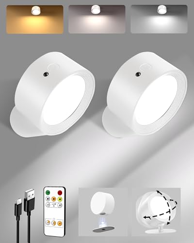 EZVALO LED wandleuchte innen,wandleuchte ohne stromanschluss,3 Farbmodi Touch Control and Fernbedienung,360° Drehbar,2200mah Dimmbare kabellose Akku Wandlampe für Studium,Schlafzimmer (weiß, 2)