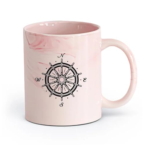 DEBINGY ceramica Tazze con manico comodo Timone Bussola Rosa dei venti Tatuaggio Nautico Garage Boy (11oz/320ml) Un bel regalo di Natale Rosa marmo