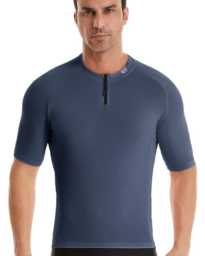 Wulibike Cycling Jersey Men Short Sleeve, Road Bike Jerseys Half Zipper with Pockets, Bicycle Clothing Breathable Quick Dry Greyblue L
