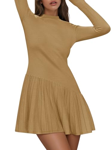 Women's Sweater Dress Crochet Ribbed Knit Ruffle Hem Flared Long Sleeve Mock Neck Mini Dress3