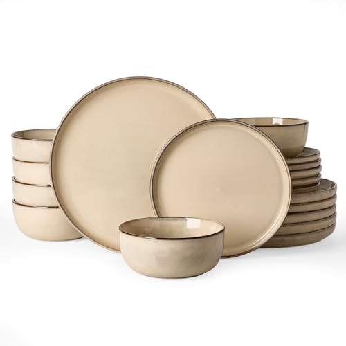 Image of Famiware Milkyway Stoneware Dinnerware Set, 18-Piece, Double Reactive Glaze, Plates and Bowls, Service for 6, Microwave and Dishwasher Safe, Scratch-Resistant, Milk Tea