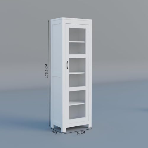 Image of Krishna Wood Decor Solid Sheesham Wood Deco White Corner Book Shelf, Showcase Acrylic Glass Door Crockery Unit Or Bookcase, Six Shelves Wooden Book Rack, Display Cabinet for Home & Library Areas