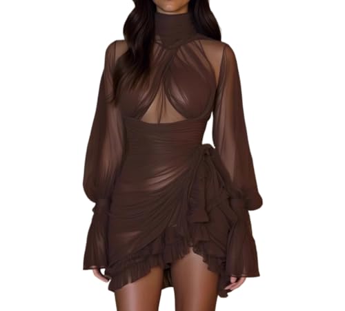 Women's Chiffon Evening Dress, High Collar Long Sleeve Pleated Cocktail