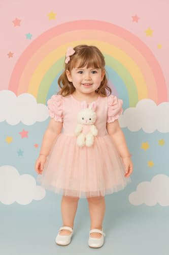 Image of Bold N Elegant Girl's Sequin Glitter Party Princess Sparkle Tutu Mini Dress Frock With Soft Plush Bunny Rabbit Toy For Infant Toddler Baby Girl's