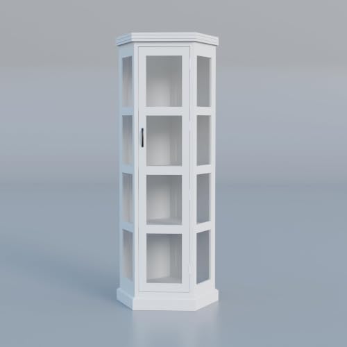 Image of Krishna Wood Decor Soild Sheesham Wood Deco White Daimond Cut Hexagonal Display Book Shelf with Acrylic Glass Door, 4 Storage Shelves Conner Bookcase, Display Cabinet Use for Library & Gust Areas