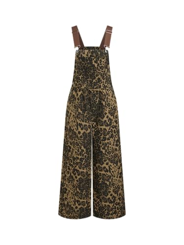 CIDER Overalls for Women Denim Leopard Pocket Buckle Up Wide Leg Jumpsuit: Tan, L
