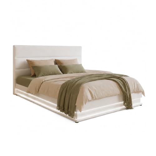 MB Muebles Bonitos | Cama de Matrimonio Nitas para Colchón de 150x190 cm | Luz LED | Canapé Abatible | Somier de Láminas | Estructura de Madera tapizada en Polipiel | Color Blanco
