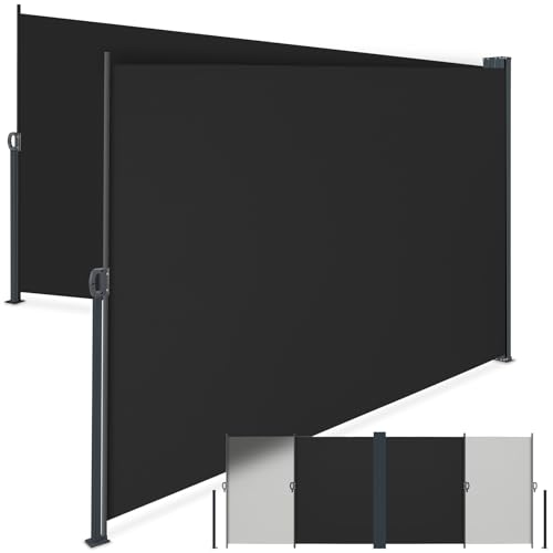 tectake® Store Latéral Double 180 x 600 cm, Résistant aux intempéries, Extensible avec mécanisme d'enroulement, Brise Vue Opaque, Protection Soleil et Vent, Tissu en Polyester Enduit - Noir