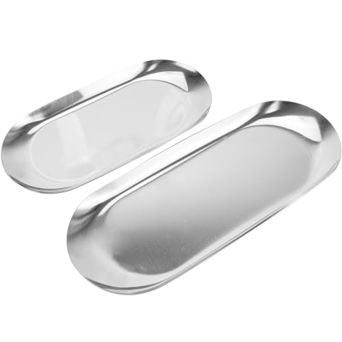 Oaixuilhy Stainless Steel Decorative Tray Set of 2 Serving Trays Cosmetics Organizer Bathroom Clutter Serving Platter 7/9 Inch Small Storage Tray (Silver)