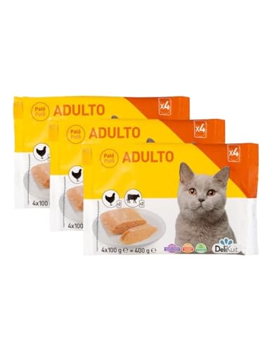 Paté para Gatos Adultos, Pollo y Ternera, sin Cereales, Pack 3 x 4 Tarrinas, 12 x 100 g DeliKuit