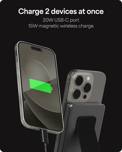 Image of Mophie Powerstation Wireless Slim with Stand 5,000mAh Power Bank - MagSafe Compatible, 15W Qi2-Certified, 20W USB-C PD Fast Charging, Ultra-Thin Battery Pack for iPhone, Android, Travel & Airplane Use