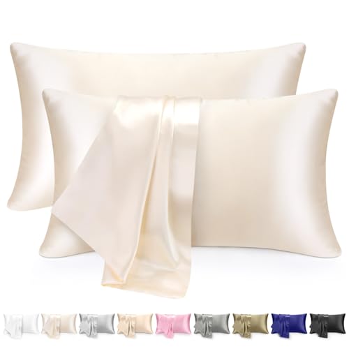 Satin Pillowcase for Hair and Skin - Similar to Silk Pillowcase 2 Pack Pillow Cases with Envelope Closure Gifts for Women Queen & Standard Size 51 x 76 cm (Ivory White)