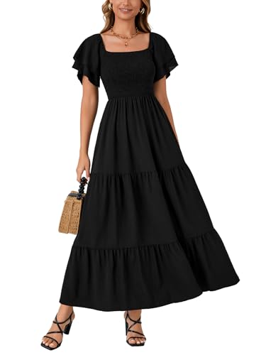 LYANER Women's Casual Summer Midi Dress Ruffle Short Sleeve Square Neck Smocked Tiered Ruffle Dresses