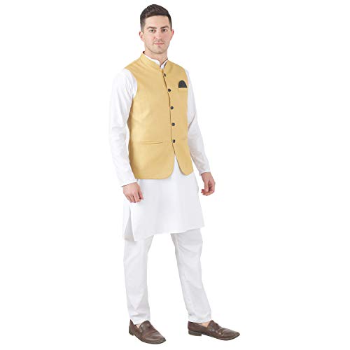 Image of TAHVO Men's Nehru Jacket /Waistcoat /Modi Jacket Cotton Fabric /Men 's 5 Button Nehru Jacket with Hanky Kurta Set