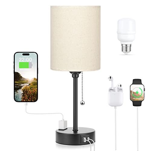 Image of Beige Small Lamps 3 Levels Brightness - 3000K 4000K 5000K Bedside Lamps with USB C and A Ports, Pull Chain Table Lamps with AC Outlet, Nightstand Lamps with Black Metal Base for Bedroom Kids Reading