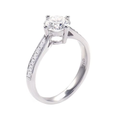 Anillo de boda, anillo de compromiso de 4 puntas redondas con moissanita, joyería de oro blanco para mujer, S 1/2, Oro blanco de 14 quilates, Moissanita