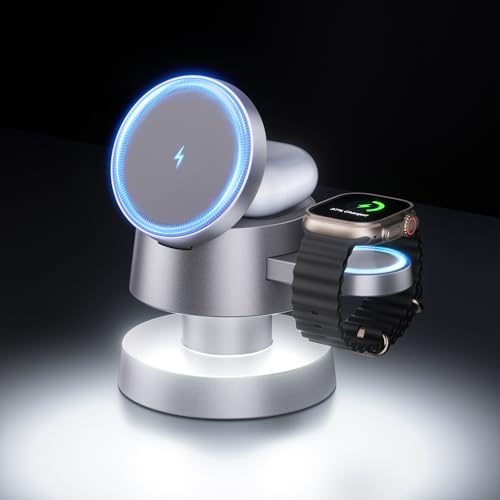 Image of 4 in 1 Magnetic Wireless Charging Station,15W Fast Charging with Adjustable Night Light,Magnetic Wireless Charging Station for iPhone 16 15 14 13 Pro Max & Apple Watch,AirPods 3 /2 /1 /Pro(Titanium Gray)
