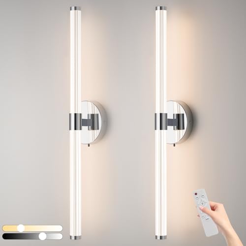 Hardwire Bathroom Vanity Light Fixtures, LED Vanity Light Bar Over Mirror Set of 2 with Remote, Chrome 3000K-6000K & Dimmable Linear Modern Wall Sconce with 360° Full Lighting Acrylic Shade, 24.5 inch