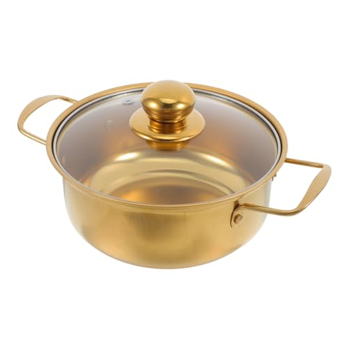 BESTYASH Casserole à ramen en acier inoxydable adaptée à l'induction avec couvercle en verre, petite poêle dorée, double poignée pour un chauffage rapide pour soupes et pâtes