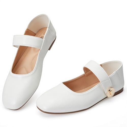 Trary Flats for Women Mary Jane Shoes Dressy Ballet Flat for Women Comfortable Business Office Slip On Casual Shoes White
