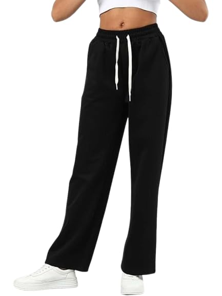 pricha Women?s Black Straight Fit Pants | Premium High-Waist Pants with Drawstring & Pockets | Comfortable Casual & Activewear Bottoms-picture-49
