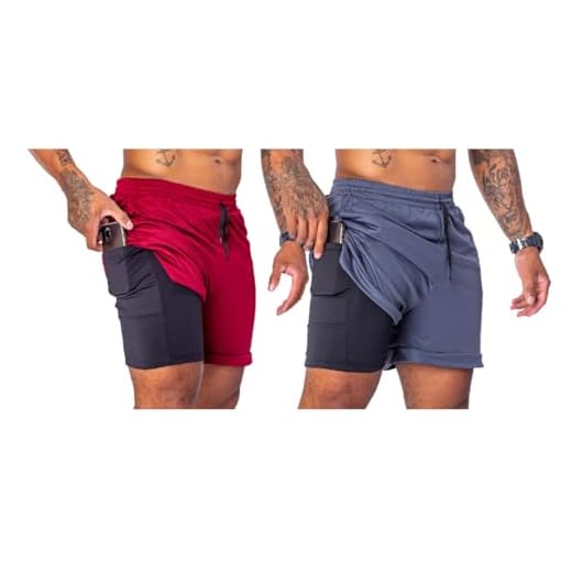 Kit 2 Shorts Duplo Masculino 2 em 1 Bermuda Dry Fit Treino Calção com Bolso Celular Academia Fitness Musculação MAXFIT (BR, Alfa, G, Regular, Regular, Cinza-escuro/Bordô)