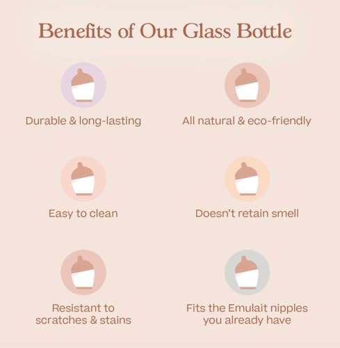 Image of Emulait Glass Classic Baby Bottle for Newborns and Infants, Natural Breast-Like Shape 4, Color Deep, Anti-Colic Venting, Soft Silicone Nipple, Easy-Latch, Glass Nursing Bottle for Feeding, 8oz