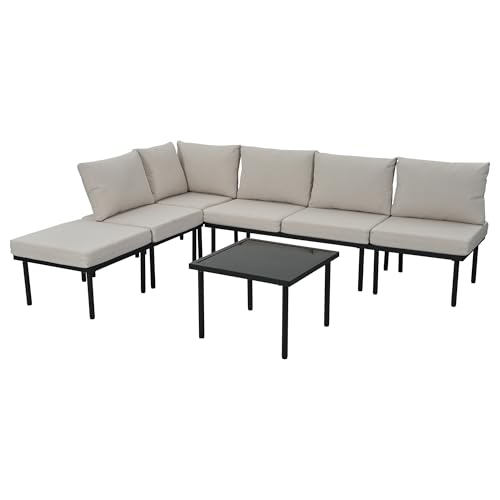 Kayan Garden Furniture Set 6 Seater, Garden Corner Sofa Set Patio Sofa with Glass Table and Cushions, Outdoor Lounge Furniture Seating group with Galvanized Iron Frame (Beige, 6 Seater) - Image 8