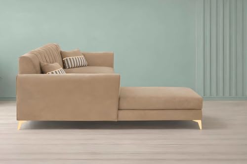 Image of Adorn India Premium Luster 6 Seater L Shape Sofa Set | Velvet Suede Fabric | 3-Year Warranty | LHS |Color Camel with Golden Legs & Striped Pattern Cushion
