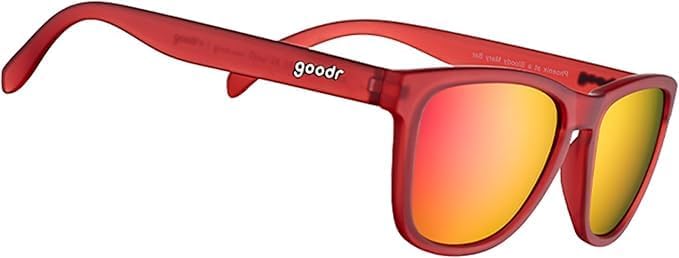 goodr Phoenix At A Bloody Mary Bar Polarized Sunglasses, Medium Sized (OG), Dark Red Translucent Frames with Rose Mirrored Reflective Lenses, UV400 Protection, No Slip, No Bounce