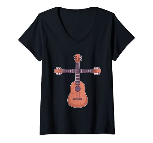 Womens Crucifix Guitar Player Christian Music Guitarist Church V-Neck T-Shirt, Black