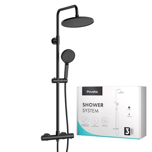 Poveta Duschsystem mit Thermostat Schwarz Duscharmatur Komplettset mit 25cm Rund Regendusche Duschkopf Handbrause mit 3 Strahlarten 100-120cm Höhenverstellbar Regendusche mit Armatur Duschset