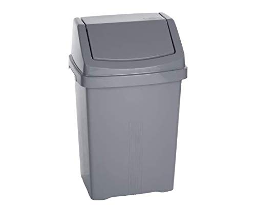 Pemienterprize 50L Litre Large Heavy Duty Plastic Bin Dustbin, Storage Unit with Locking Lid/Swing Recycling Kitchen Waste Rubbish Animal Feed For Office Home Garden Bathroom (Swing Bin, Silver)