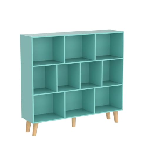 LEYAOYAO 10 Cube Bookshelf,3 Tier Modern Wide Bookcase with Legs,Mid-Century Wood Bookshelves Storage,Mint-Green Large Book Case,Freestanding Organizer Display Shelf for Bedroom,Living Room,Office