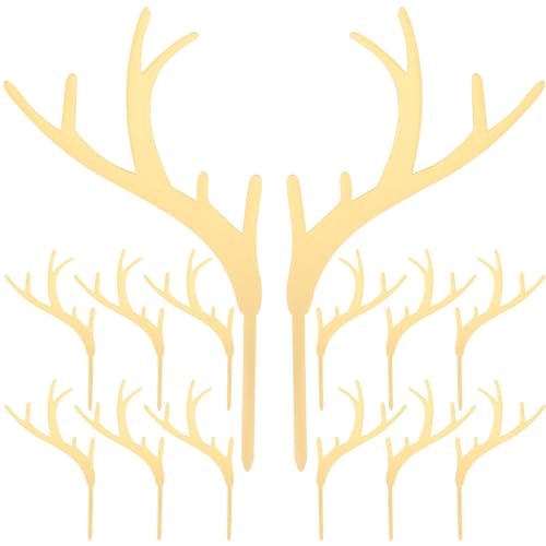 Kichvoe 20pcs Plastic Antler Deer Cupcake Toppers - Christmas Elk Cake Toppers - Acrylic Reindeer Cupcake Picks Dessert Fruit Picks for Xmas Festival Party Cake Decorations Gold