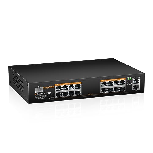 keepLiNK 18 Port Gigabit PoE Switch, 16 Gigabit PoE+ Ports, 2 Gigabit Uplink, 1 SFP Slot, 240W 802.3af/at