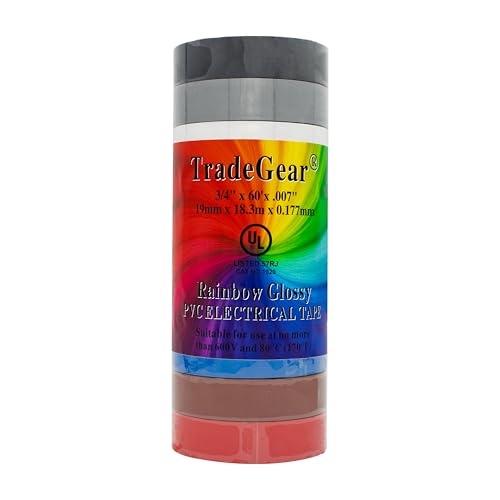 Image of TradeGear Rainbow Glossy 10 Pack - UL Listed Colored Electrical Tape, 60 ft x 3 /4 in, 600V, Flame Retardant, Waterproof, Rubber Adhesive - Phase Marking & Wire ID Kit