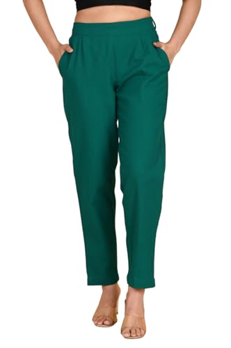 Image of Women's Solid Straight Fit 100% Cotton Trousers | High Waist, Side Pockets, Ankle Length Pants for Office, Casual