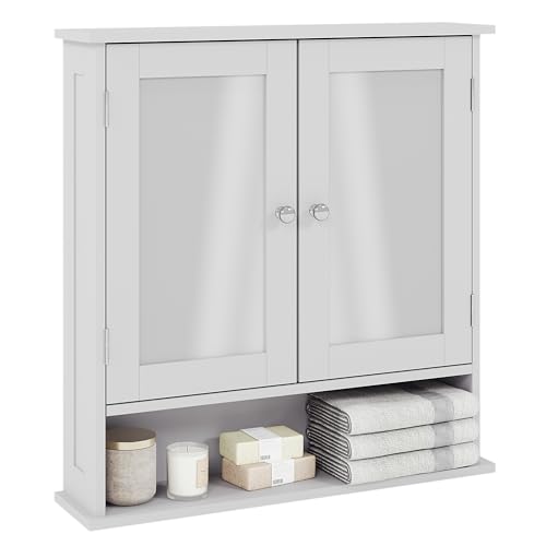 Bath Vida Double Door Bathroom Cabinet, Wood, White, Mirrored Wall Mounted Storage Furniture