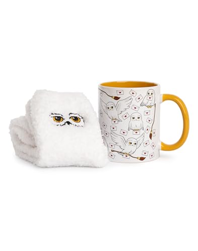 Harry Potter Womens Mug and Sock Set | Adults Hedwig Snow Owl Graphic Print Calf Socks & Ceramic Mug in White | Ladies Nimbus 2000 Broomstick and Letter Hot Drinks Mug | Wizard Movie Merchandise Gift